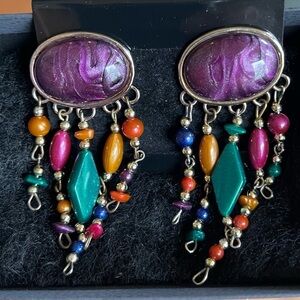 Vintage Western Chandelier Oval Purple Multi Colored Clip on Earring